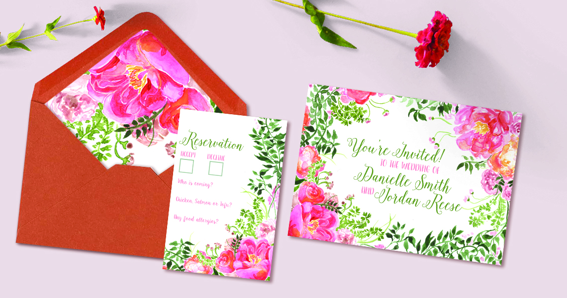 Custom Wedding invitations, peony and vine reservation card belly band custom envelopes